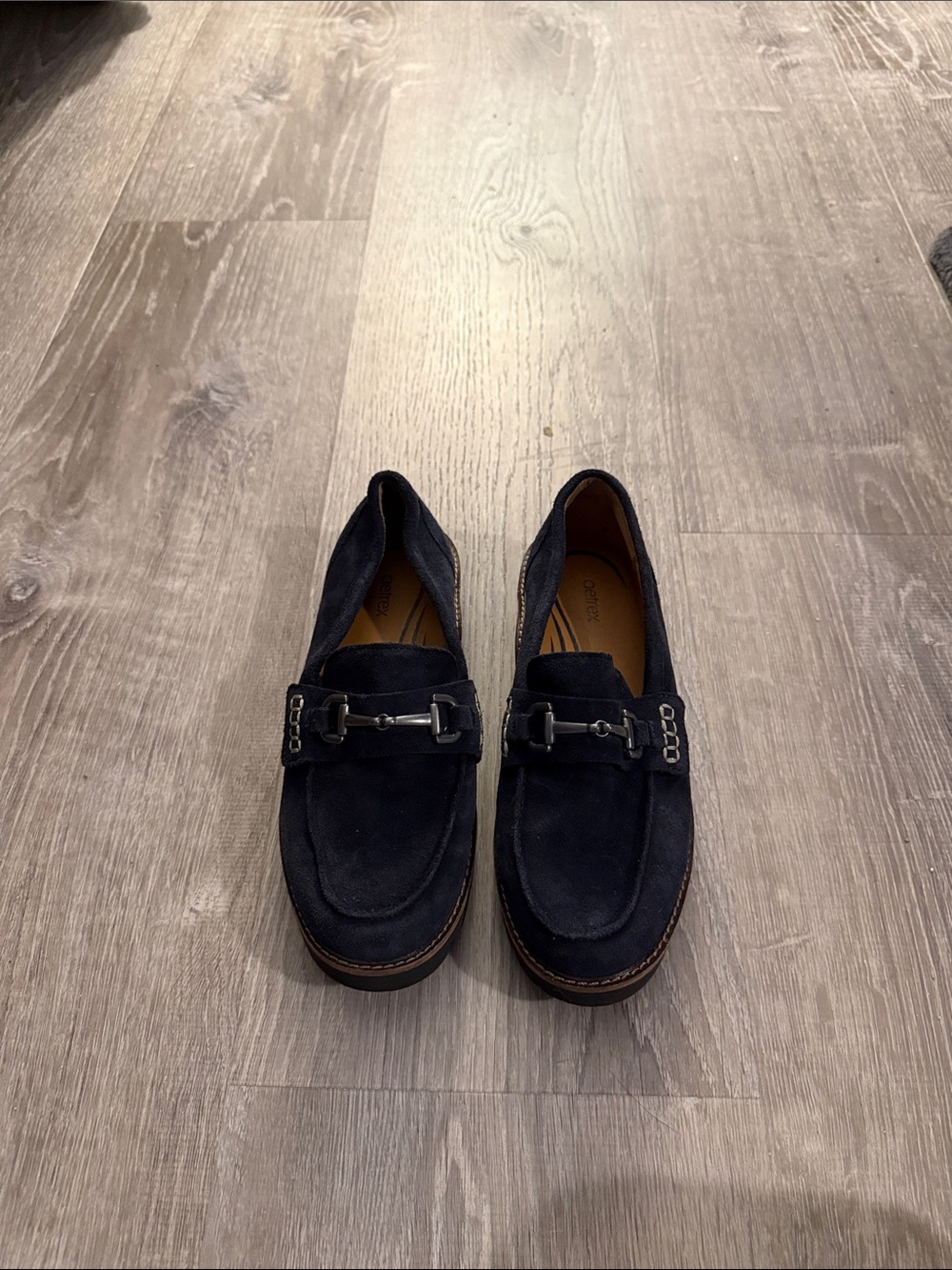 Aetrex Navy Suede Loafers with Metal Bit Detail